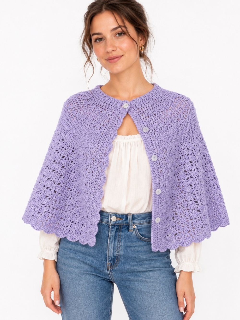 Handmade Lavender Crochet Capelet Scalloped Button Front One Size